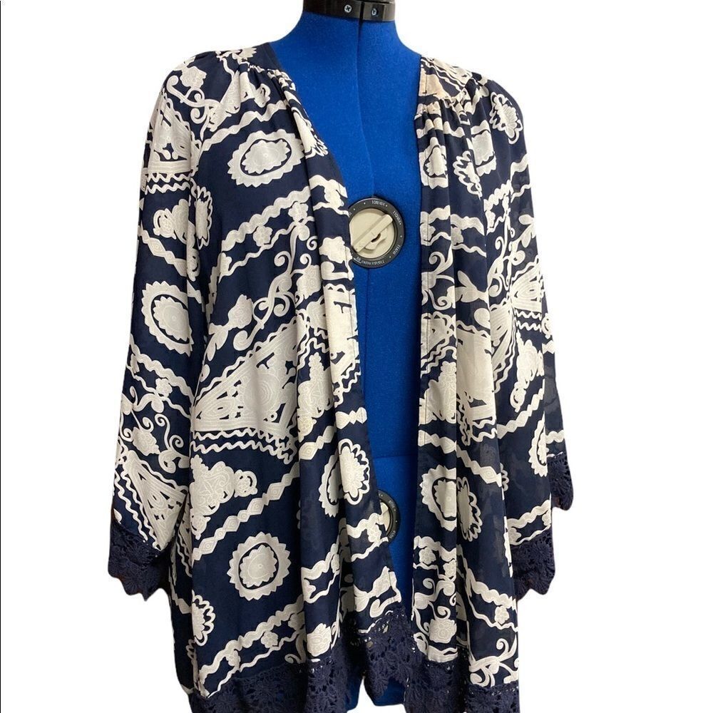 EN CREME,‎ Blue & White, Kaftan/Cardigan, crochet lace, Size L, Oversized